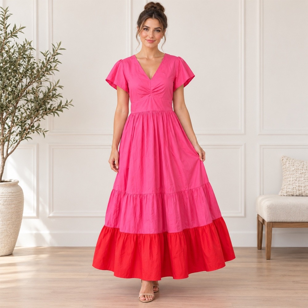 NEW Kensie Colorblock Maxi Dress Womens 8 Pink Red Flutter Sleeve Peasant Boho